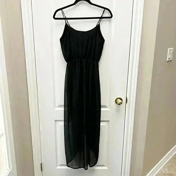 Smart Set Midi Maxi Dress Black Sheer Flowy High Low Wrap Front Asymmetric XS - Picture 5 of 16
